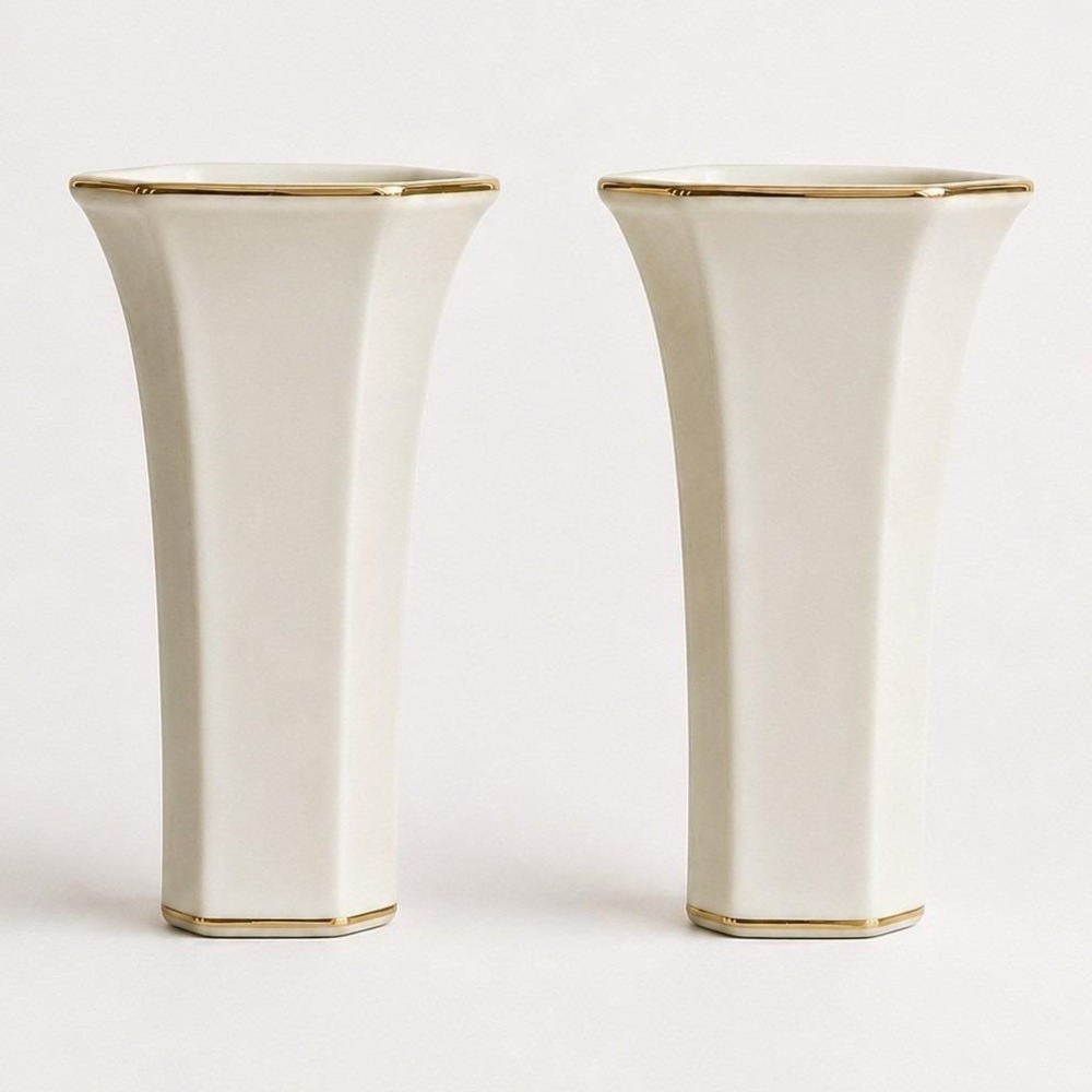 Pair Vintage Villeroy & Boch Heinrich Facette Gold Vases 80s German Porcelain